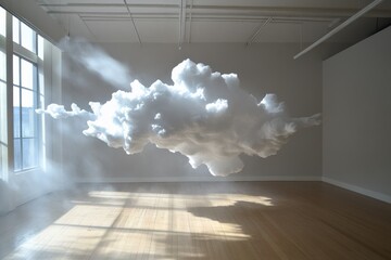 Aufkleber - Floating cloud sculpture creates a serene atmosphere in a well-lit modern space