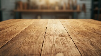 Aufkleber - Empty rustic wooden tabletop in a workshop setting illuminated by warm lighting