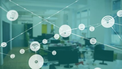 Poster - Network of connections and data processing animation over office environment