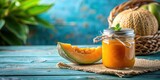 A refreshing summer treat homemade cantaloupe preserve in a mason jar, alongside a juicy melon slice on a rustic wooden table.