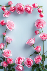 Poster - Pink roses arranged as frame. Flowers show beauty and elegance. Light blue background provides contrast. Floral pattern with gentle colors.