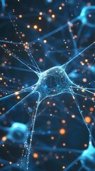 Poster - Blue Neuron Cell Network with Glowing Connections on a Dark Background Abstract