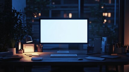 Leinwandbilder - Night Office Workspace with Blank Computer Screen