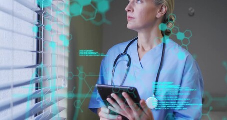 Poster - Holding tablet with digital data, healthcare professional in scrubs in hospital
