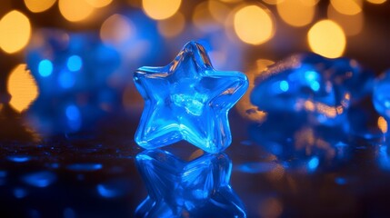 Poster - Glowing blue star ornament reflects on dark surface with bokeh lights.