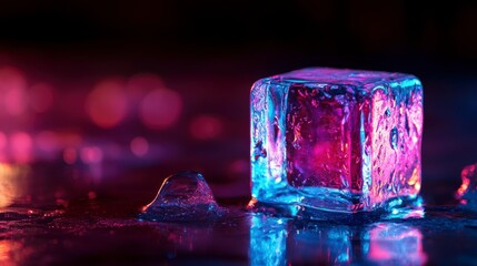 Aufkleber - Illuminated ice cube with water droplets on dark background.