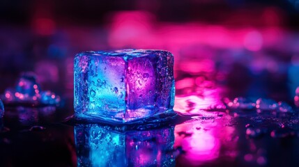 Poster - Illuminated ice cube reflecting vibrant purple and blue light on dark wet surface.