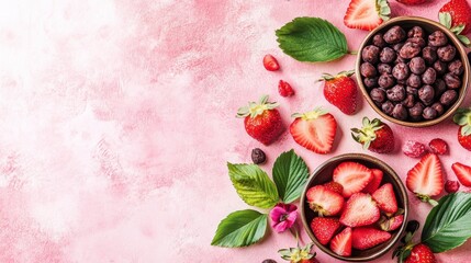 Poster - Fresh strawberries, chocolate cereal in bowls on pink background.