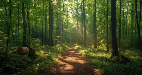 Poster - Sunlight filtering through trees on serene forest trail
