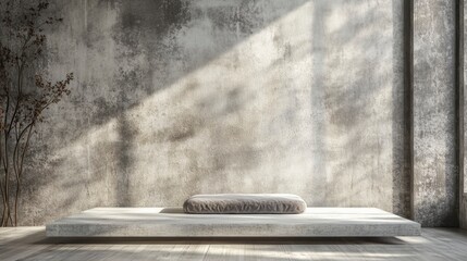 Poster - Minimalist interior with a textured concrete wall, sunlight, and a platform with a soft textile.