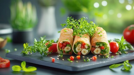 Fototapete - Fresh Vegetable Wraps Garnished with Herbs and Cherry Tomatoes