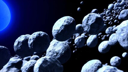 Wall Mural - Immerse yourself in the mesmerizing visuals of an icy blue planet set against a dark cosmic backdrop. Asteroids float gracefully, creating a breathtaking celestial landscape