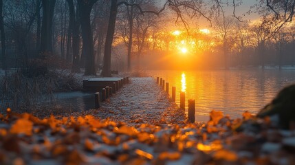 Poster - Snowy winter sunrise over calm lake, leaves in foreground, pier leading to sun.