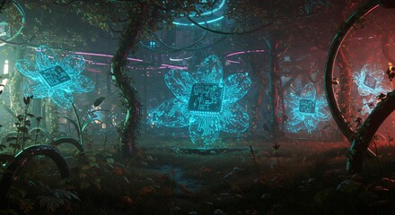Aufkleber - Cybernetic Flora Illuminating a Futuristic Forest with Neon Glowing Flowers in a Digital Ecosystem