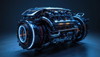 Poster - Futuristic Engine Design with Neon Lighting and Complex Mechanics