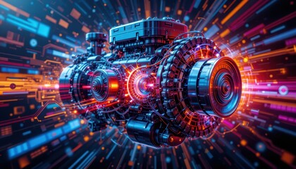 Poster - Futuristic Engine Design with Vibrant Abstract Digital Elements