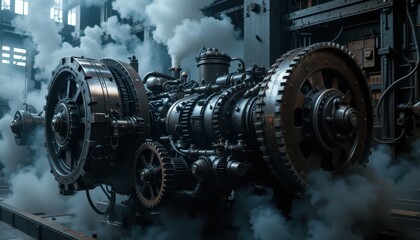 Poster - Intricate Industrial Engine Design in a Dark Workshop Atmosphere