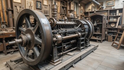 Poster - Vintage Industrial Engine in Historic Workshop Setting with Tools