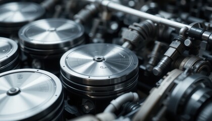 Poster - Close-up of Precision Engine Components with Metallic Finishes and Details
