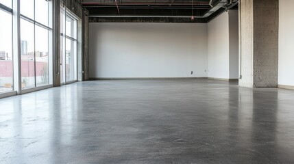 Poster - Spacious empty loft with polished concrete floor, large windows, and exposed industrial elements.