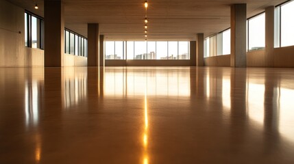 Aufkleber - Spacious empty modern office with polished concrete floor and large windows reflecting city skyline.