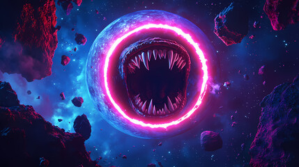 Wall Mural - Vibrant neon light ring floating around a surreal planet, surrounded by cosmic debris, a monstrous mouth with sharp teeth devouring asteroids in deep space. Devoured Light. Illustration