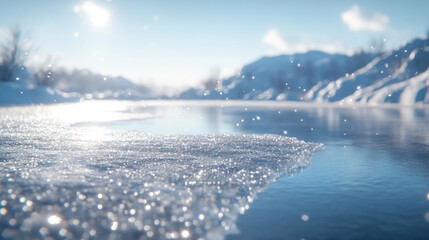Poster - Sparkling ice crystals on frozen lake surface, sunlit snowy mountains in background.