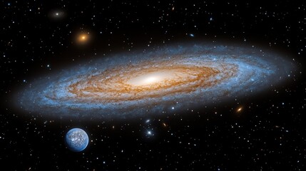 Poster - Spiral galaxy with planet and stars in deep space.