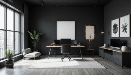 Poster - Modern Minimalist Home Office with Dark Walls and Natural Light