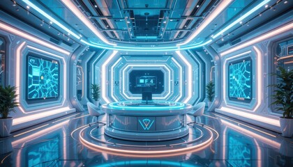 Poster - Futuristic Technology Control Room with Neon Lighting and Screens