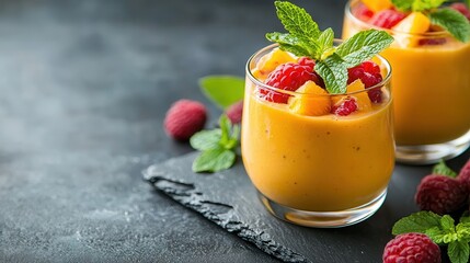 Poster - Fresh Fruit Smoothie with Mango, Raspberry, and Mint Garnish