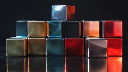 Poster - Stack of colorful metallic cubes reflecting on a dark surface.