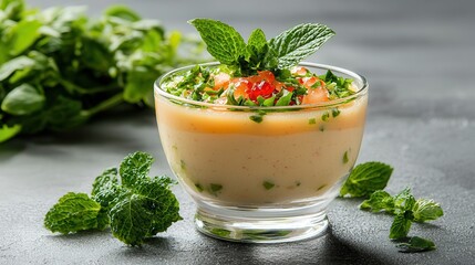 Poster - Fresh and Creamy Soup with Herbs and Garnish in Glass Bowl