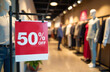 © Julia - 50% off banner, discount sign. Clothing store, with blurred mannequins in the background.