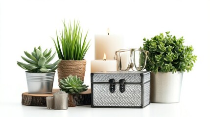 Poster - Still life arrangement with succulents, candles, and decorative box on white background.