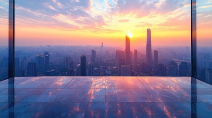 Poster - Stunning cityscape sunrise view from modern building's empty room.