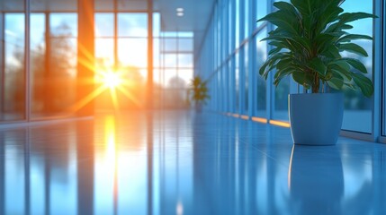 Poster - Sun shining through large windows in a modern building hallway with plants.
