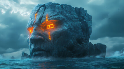 Wall Mural - A colossal ancient titan with glowing runes carved into its stone skin, rising from the ocean depths. Ancient Foam. Illustration