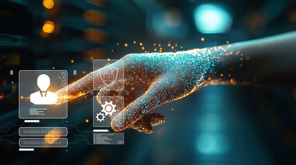Fototapete - hand reaching towards digital interface, symbolizing data processing and technology. image conveys sense of innovation and connection in modern data environment