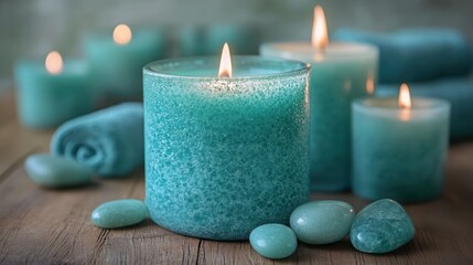 Poster - Teal candles, stones, and rolled towel on wooden surface.