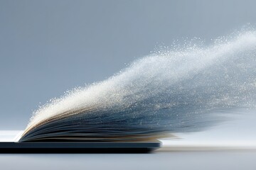 Poster - Creative display of a book with pages creating a flow of particles against a simple background