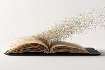Poster - Book pages releasing golden particles create a magical atmosphere of knowledge and imagination in a minimalistic setting
