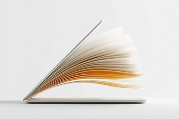Poster - Modern laptop design resembling an open book with pages flipping, showcasing creativity in technology