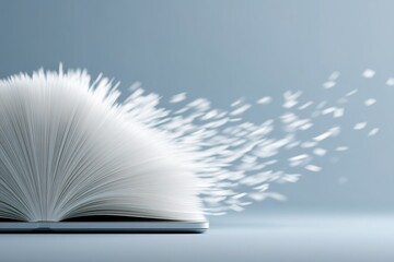 Poster - Book pages flying away in an artistic display of creativity and imagination on a soft blue background