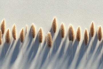 Poster - Natural decorative grass stems casting soft shadows on a light textured surface in a serene arrangement