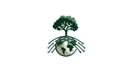 Poster - stylized earth icon with tree growing on top, featuring curved network lines extending from globe, symbolizes connectivity and environmental sustainability