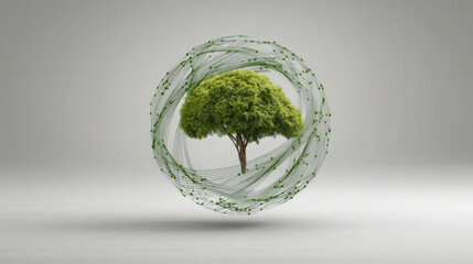 Poster - tree is encircled by network of curved lines, symbolizing connectivity and nature harmony. green hues and intricate design evoke sense of environmental balance and innovation