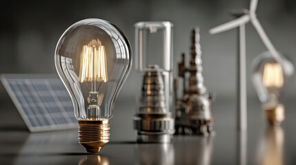 Aufkleber - clear light bulb is prominently displayed foreground, symbolizing innovation and energy. In background, there are models of solar panels, wind turbines, and industrial structures, representing mix