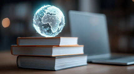 Poster - stack of digital textbooks with laptop in background and holographic globe above books symbolizes modern education and online learning