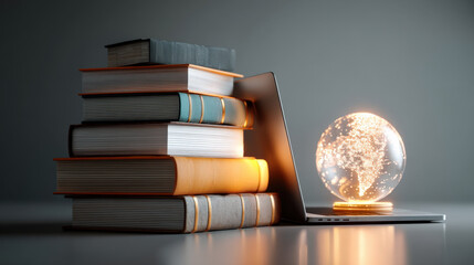 Poster - stack of books is placed beside open laptop, with glowing globe on keyboard, symbolizing global online education and digital learning